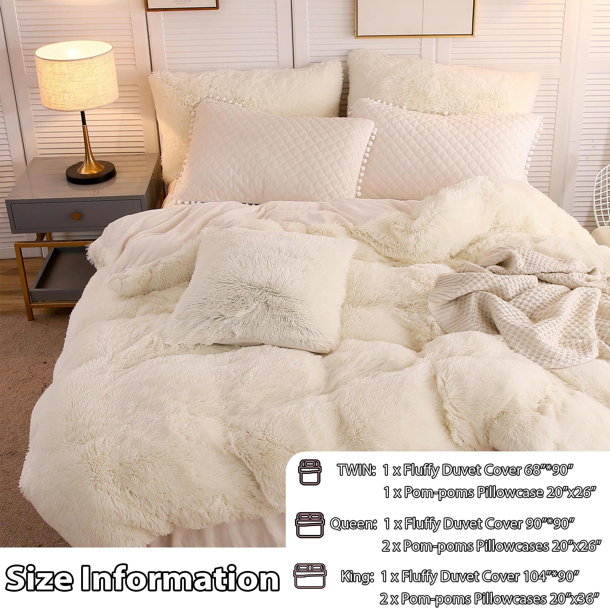 LIFEREVO 3 Pieces Luxury Plush Shaggy Faux Fur Duvet Cover Set(1 Fluffy Fuzzy Comforter Cover + 2 Pompoms Fringe Quilted Pillow Covers) Furry Bedding Set， Zipper Closure， Queen Size， Beige