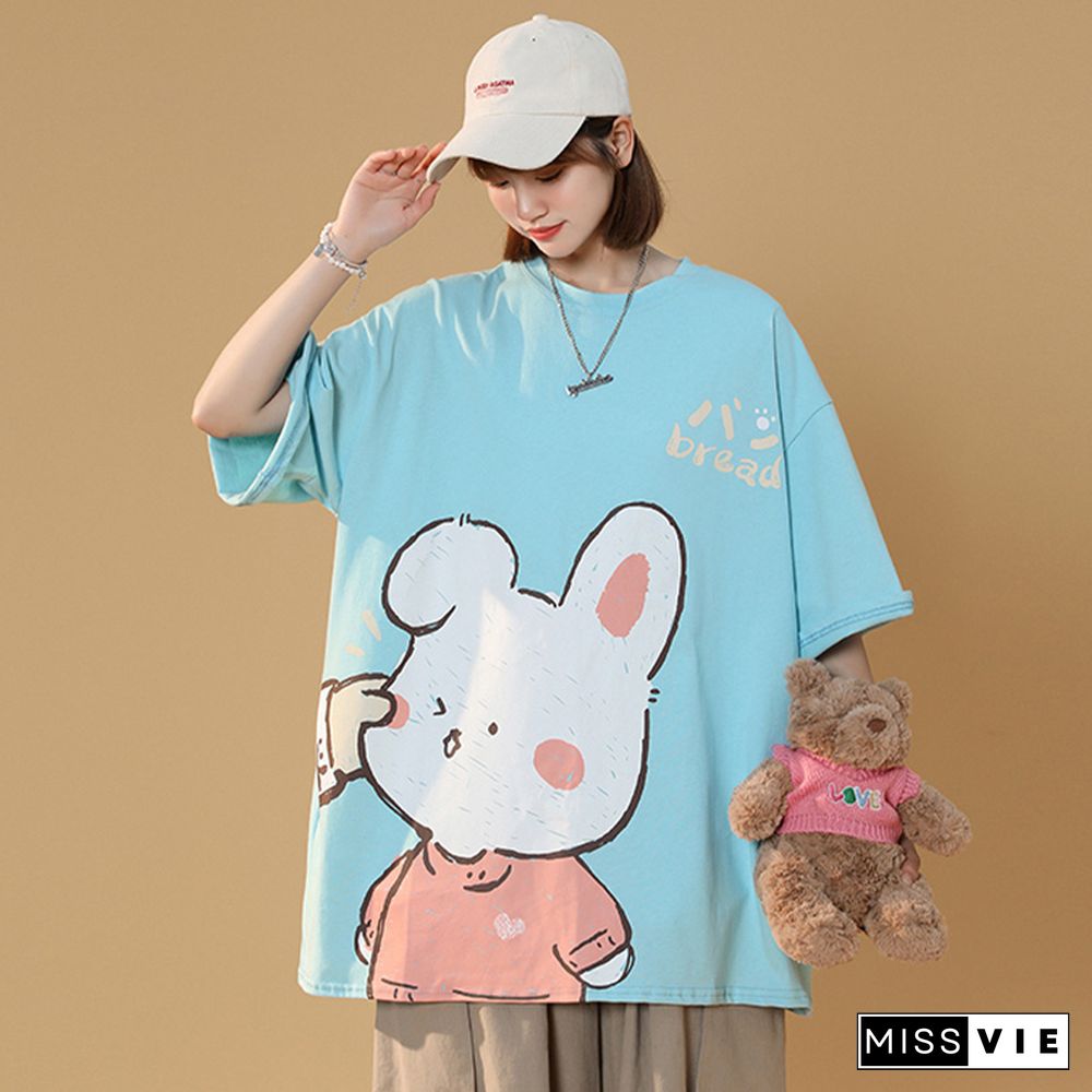 Cartoon Bunny Print Round Collar Casual T-Shirt