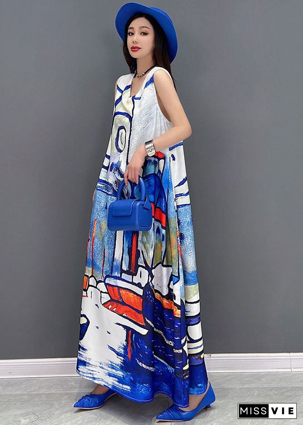 Beautiful White V Neck Graphic Print Chiffon A Line Long Dress Sleeveless