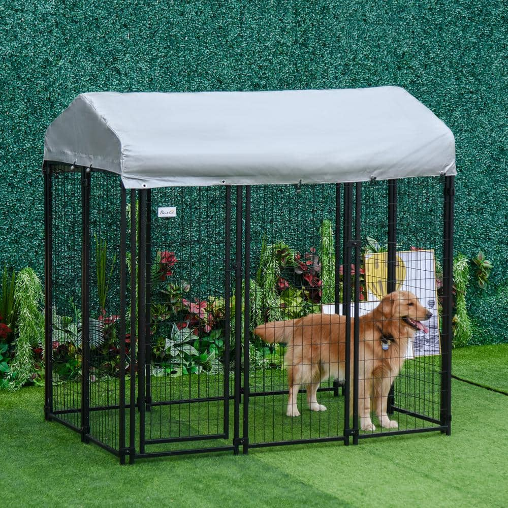 PawHut Black Steel 6 ft.  x 4 ft.  x 6 ft.  0.0005 -Acre In-Ground Dog Fence Dog Kennel Outdoor Steel Fence with Canopy D02-011V02