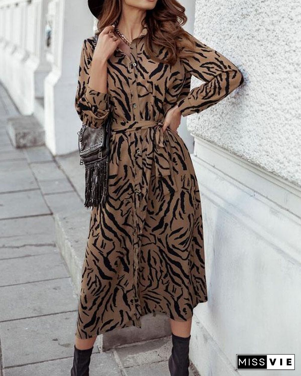 Spring Summer Button Bandage Waist Print Shirt Dresses With Belt