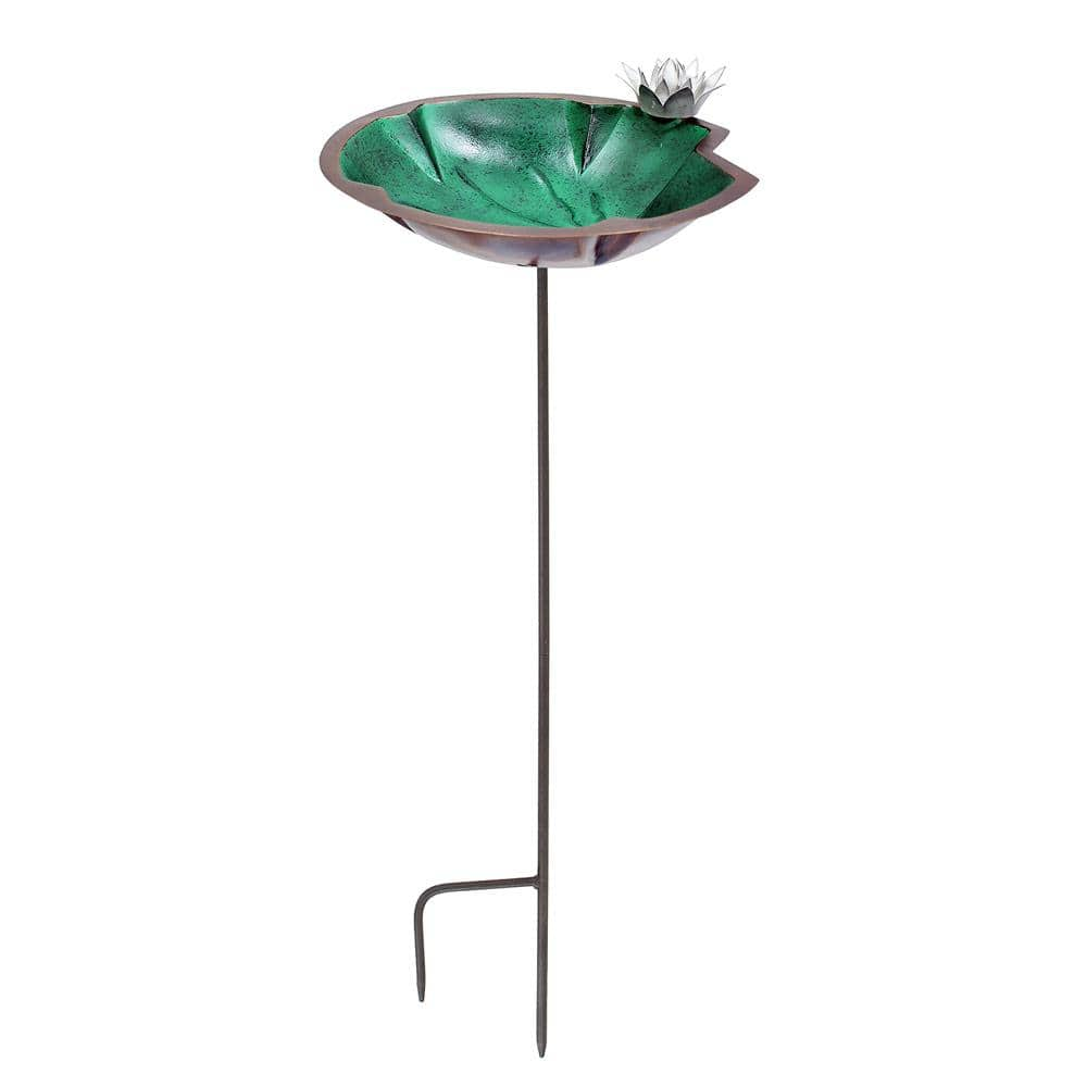 Achla Designs 41.75 in. Tall Antique Copper Plated and Colored Patina Lilypad Birdbath with White Flower and Stake BB-10-S