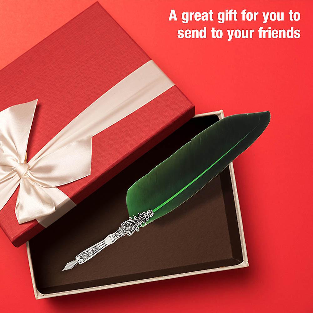 Vintage Retro Feather Dip Pen Alloy Nibs Calligraphy Writing Pen Gift With Box(green)