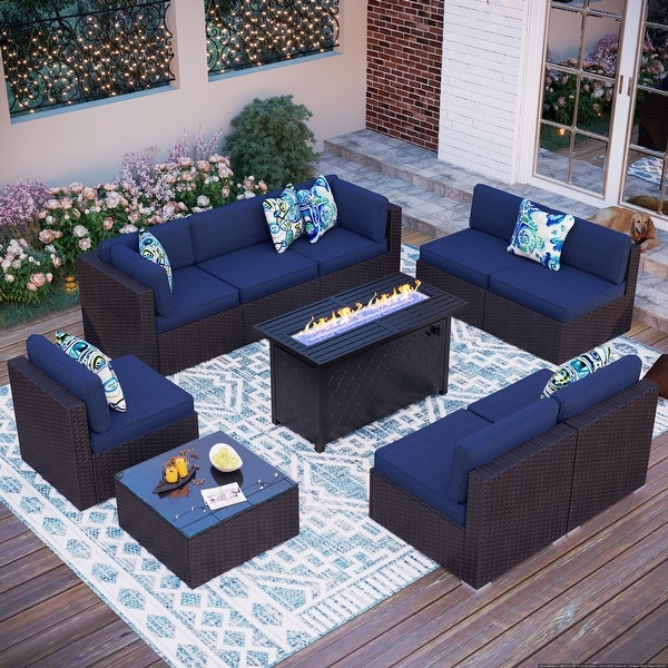 8Seater Fire Pit Table Rattan Sectional Sofa Set