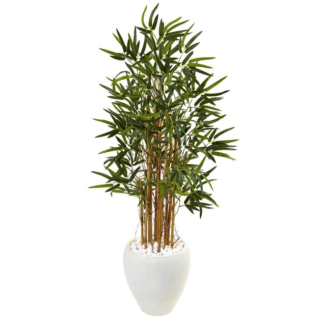 Nearly Natural 4’ Bamboo Tree In White Oval Planter