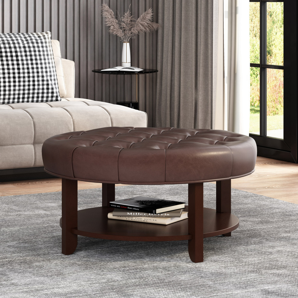 Baynes Faux Leather Tufted Wood Round Ottoman  Open Shelf   Transitional   Footstools And Ottomans   by GDFStudio  Houzz