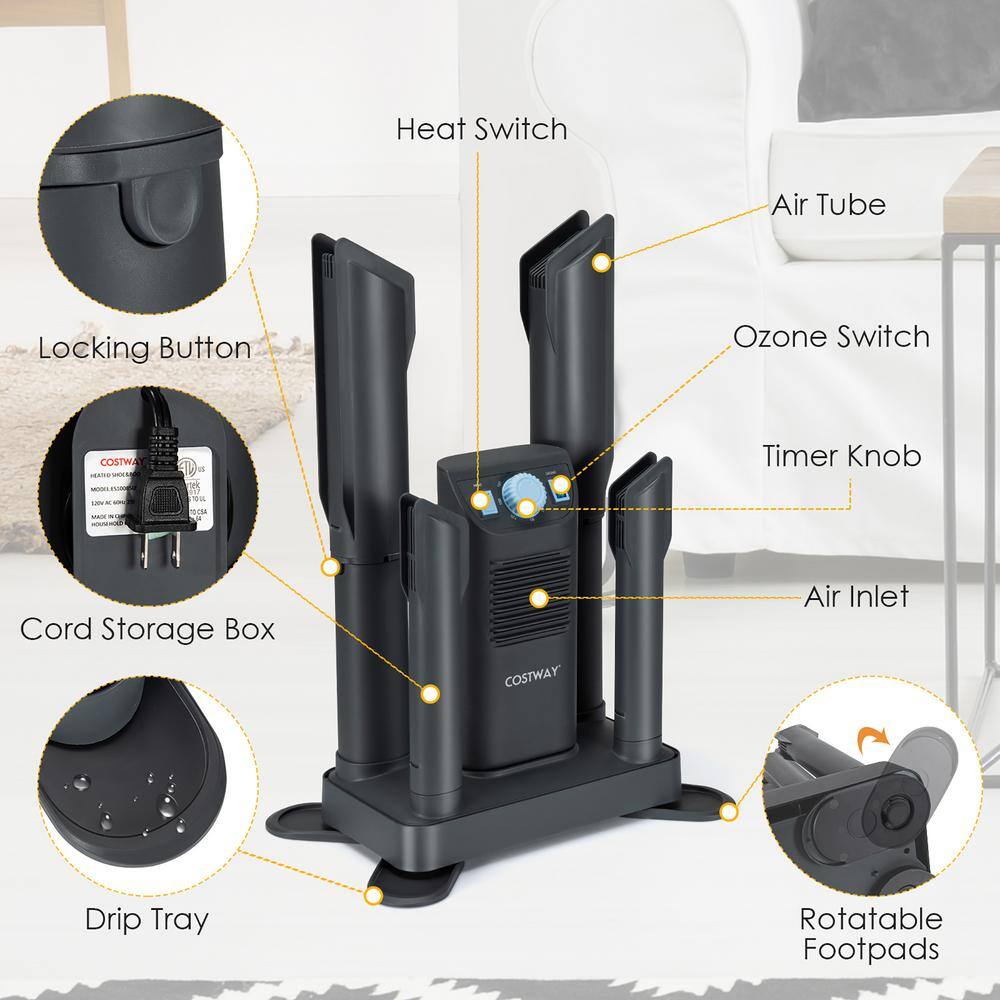 Costway 15 in. x 20.5 in. Plastic Electric Shoe Boot Dryer 4-Shoes with Ozone Disinfection 180-Minutes Timer Garment Rack Gray ES10085US-GR