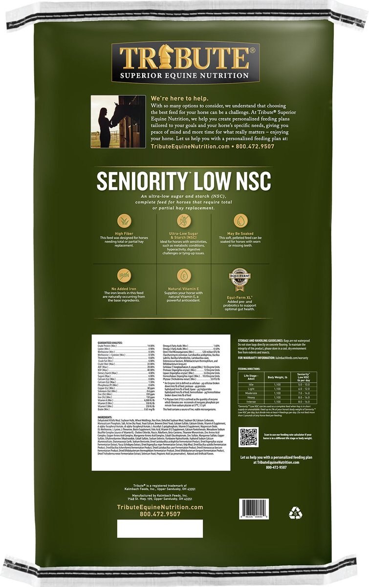 Tribute Equine Seniority Low NSC Pellet for All Horses， 50-lb bag