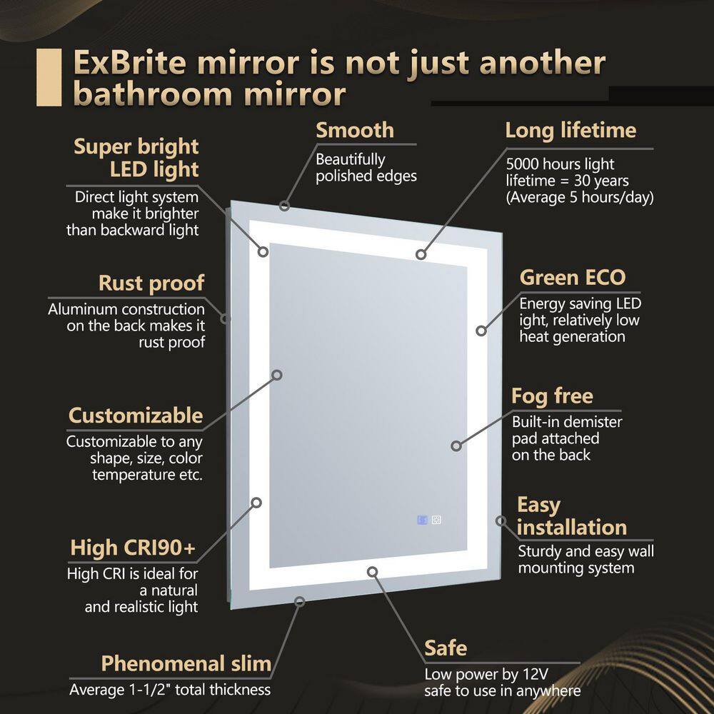 ES-DIY 24 in. W x 32 in. H Rectangular Frameless LED Light and Anti-Fog Wall Bathroom Vanity Mirror in Matte White HOY1REBM2432VC