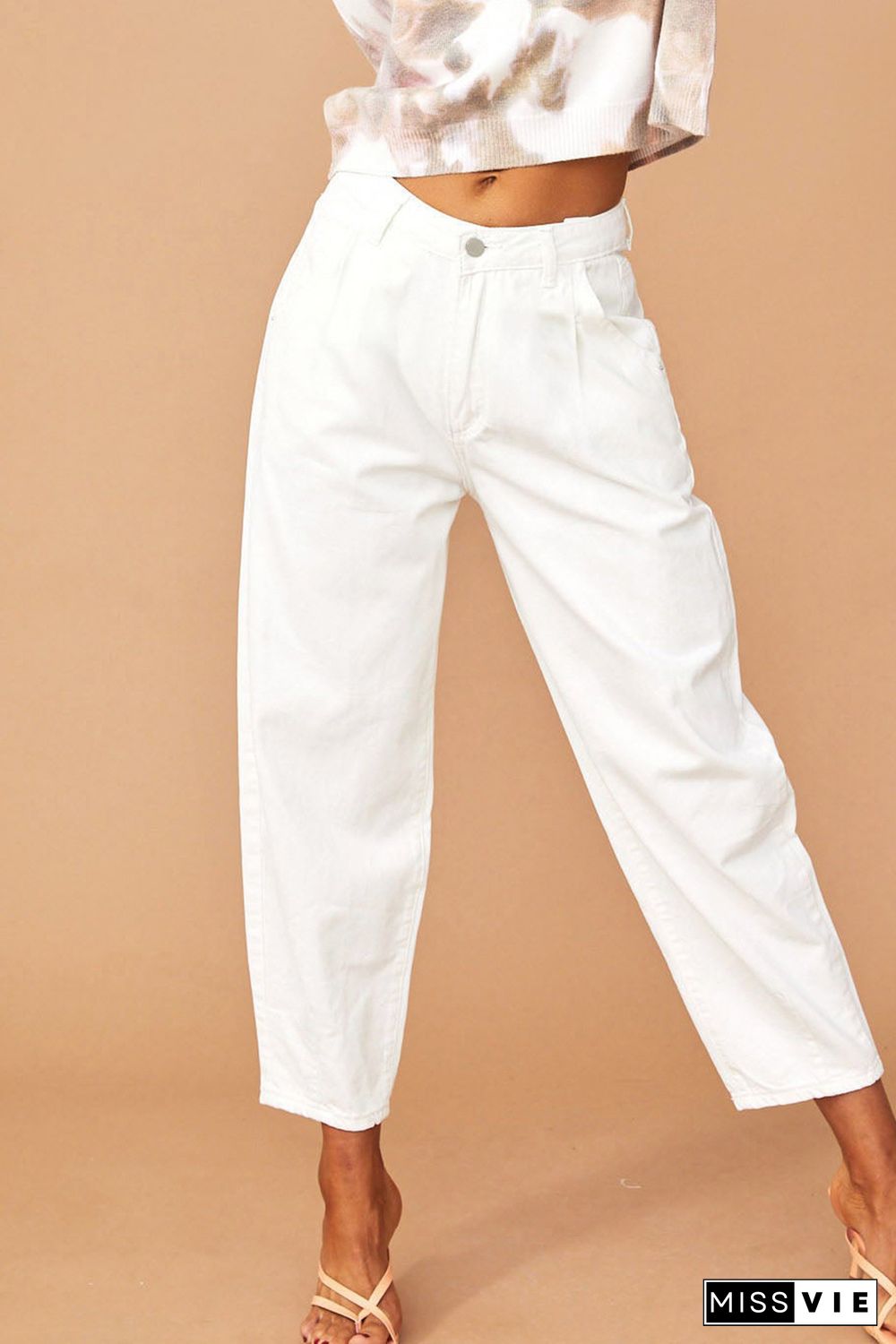 White Solid High Waist Casual Pants