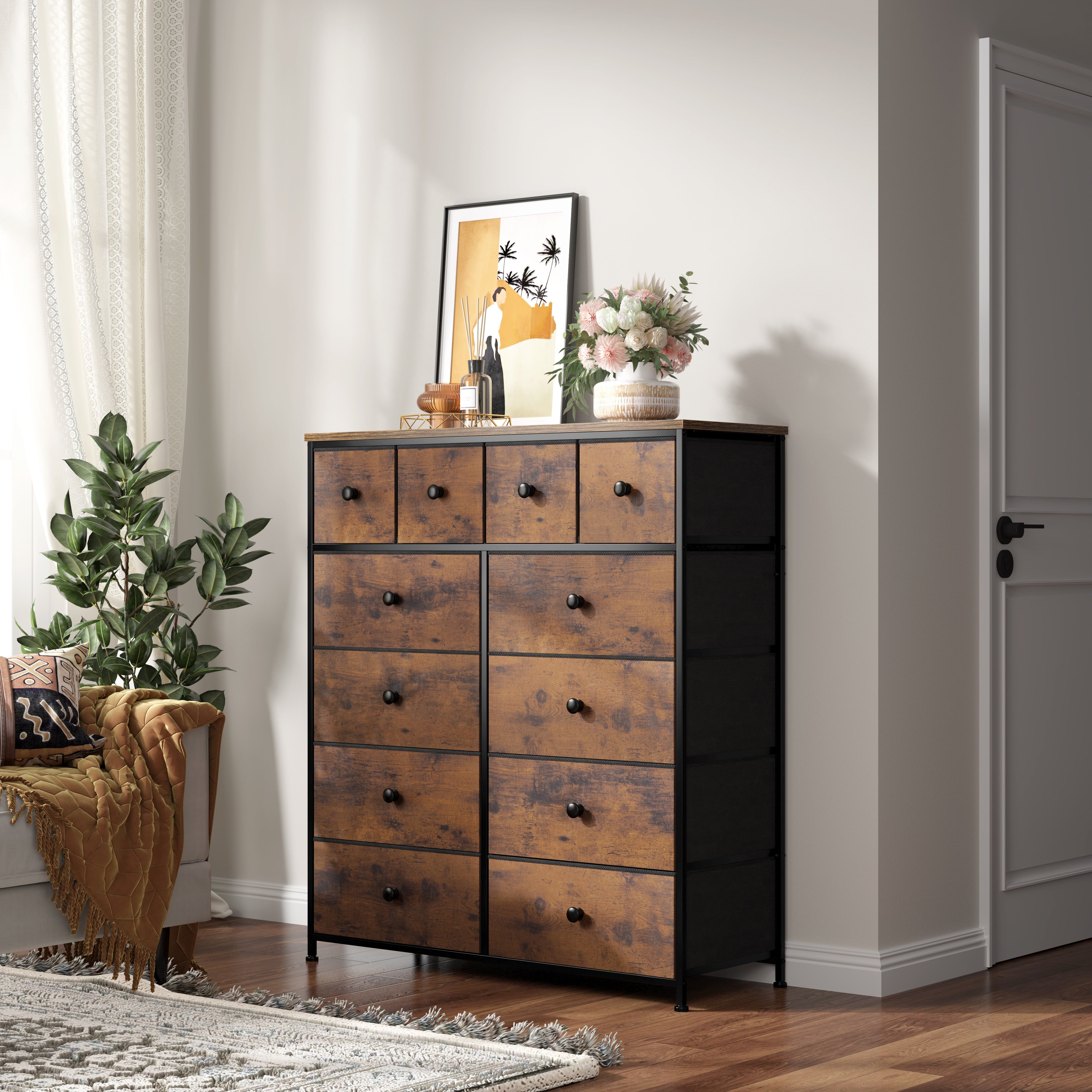 EnHomee Dresser for Bedroom Chest of Drawer Fabric Drawer Dresser Tall Dresser Big Storage Dresser Tower with 12 Fabric Bins Wood Top & Metal Frame for Closet Entryway Living Room Office Rustic Brown