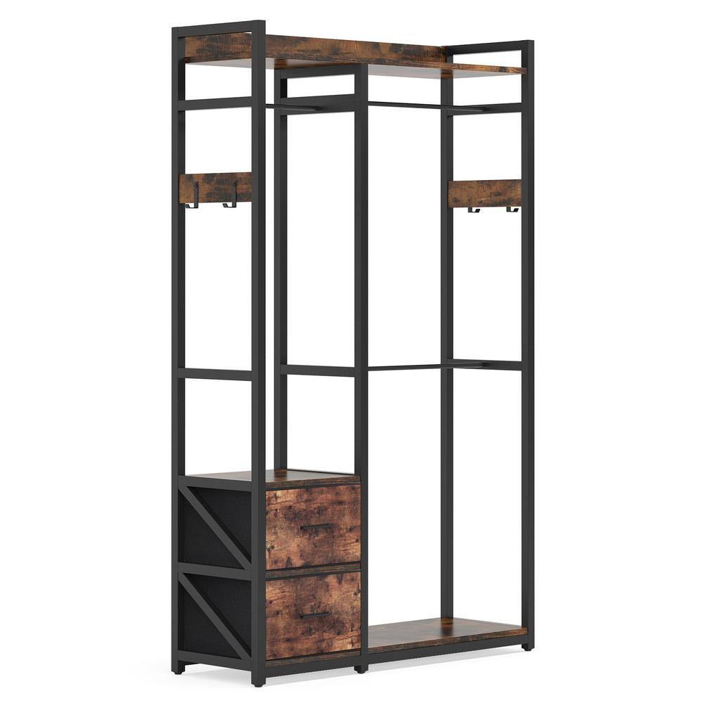 BYBLIGHT Carmalita Brown Garment Rack with 2 Fabric Drawers Freestanding Closet Organizer with Shelves and 3 Hanging Rods BB-C0621GX