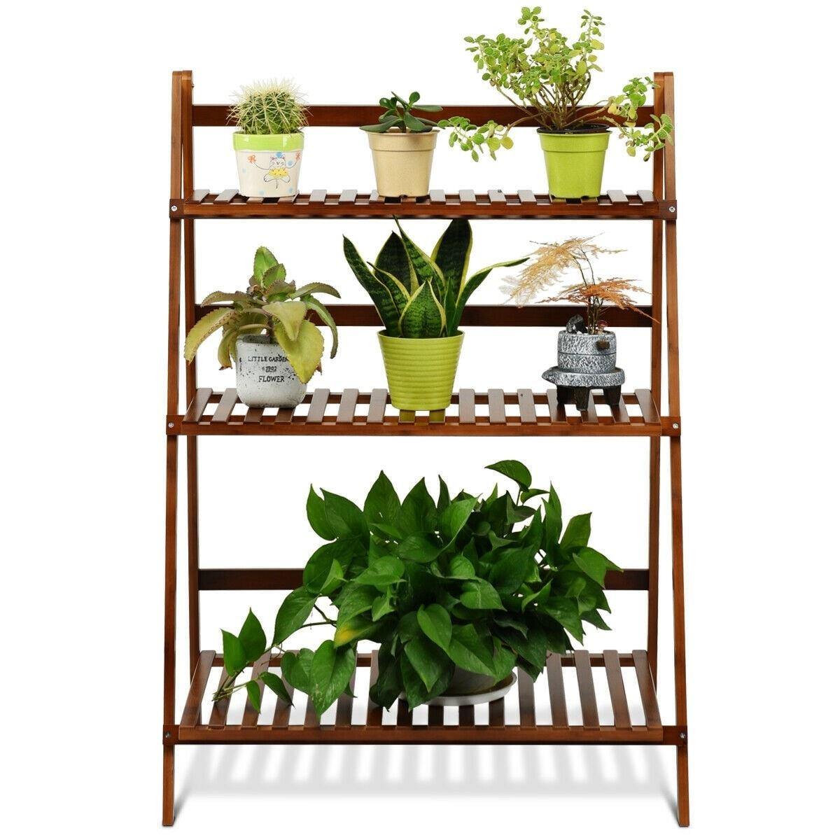 3 Tier Folding Bamboo Plant Stand Organizer Storage Shelving