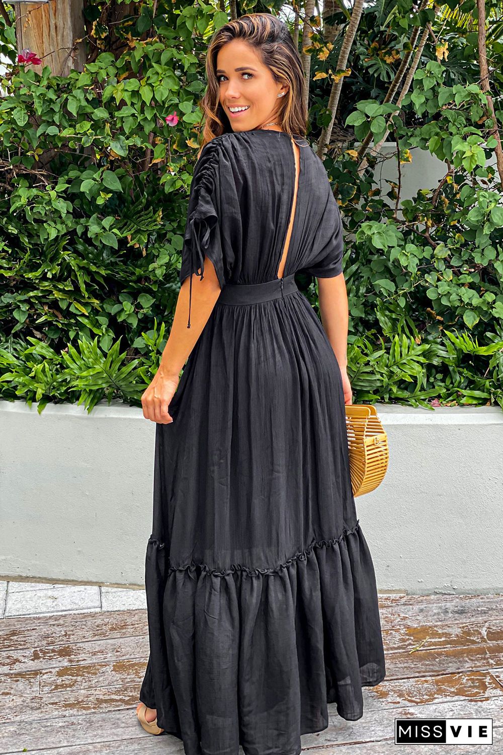 Black Drawstring Pleated Kimono Sleeve Ruffle Maxi Dress