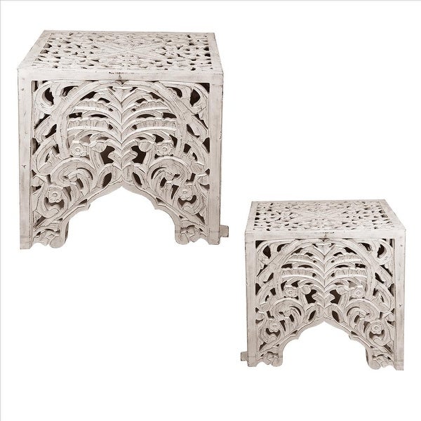 Wooden End Table with Floral Cut Out Design， Set of 2， Antique White - 18 H x 18 W x 18 L Inches