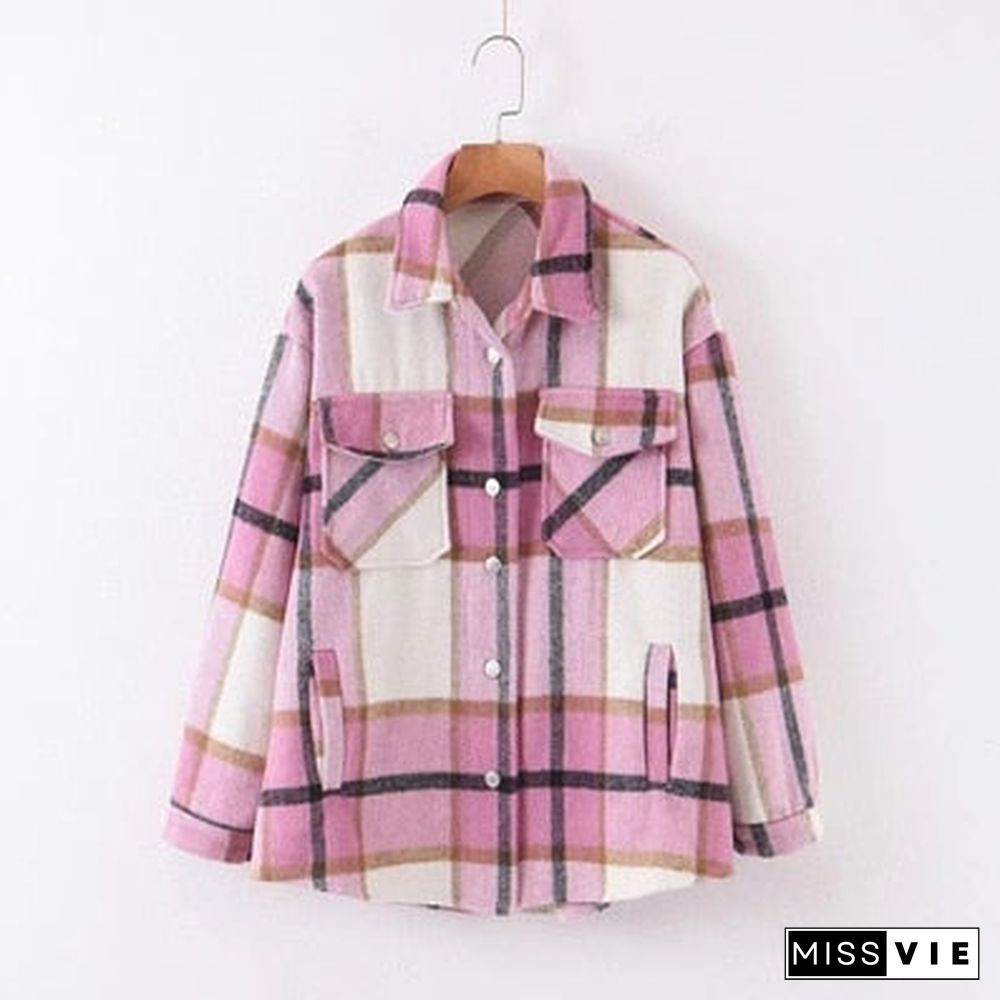 Autumn Winter Plaid Jacket Wool Blend Coat Fashion Button Long Sleeve Coat Casual Office Warm Overshirt Ladies Jackets Chic Tops