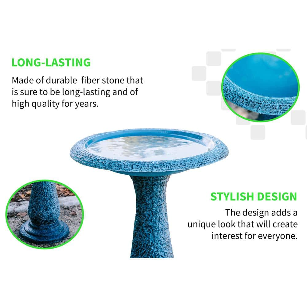 XBRAND 23.6 in. Tall Blue Fiber Stone Glazed Birdbaths with Tall Round Pedestal and Base (Set of 2) GE2420BBBL-2