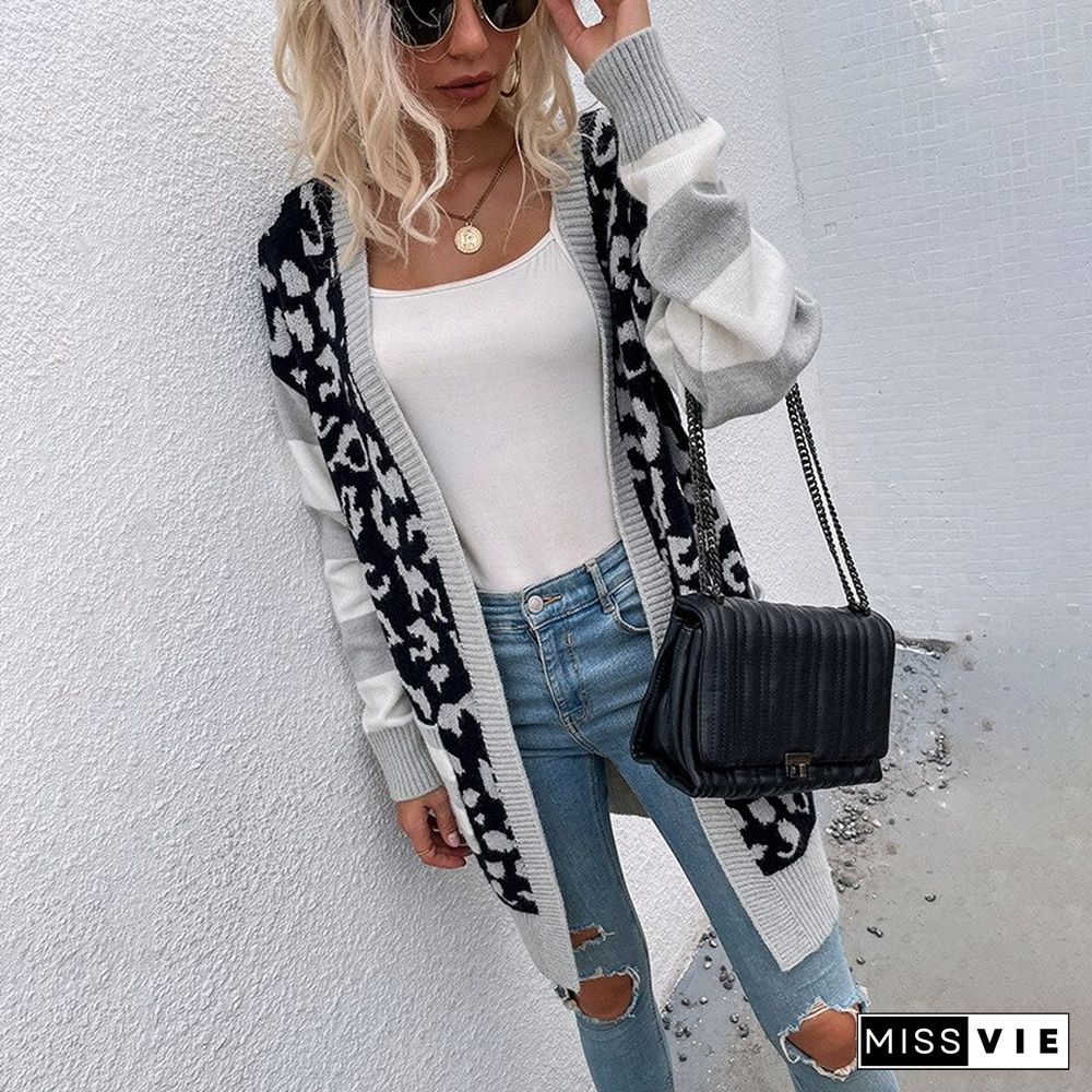 Women's Long Sweater Colorblock Cardigan Women's Vintage Knit Jacket