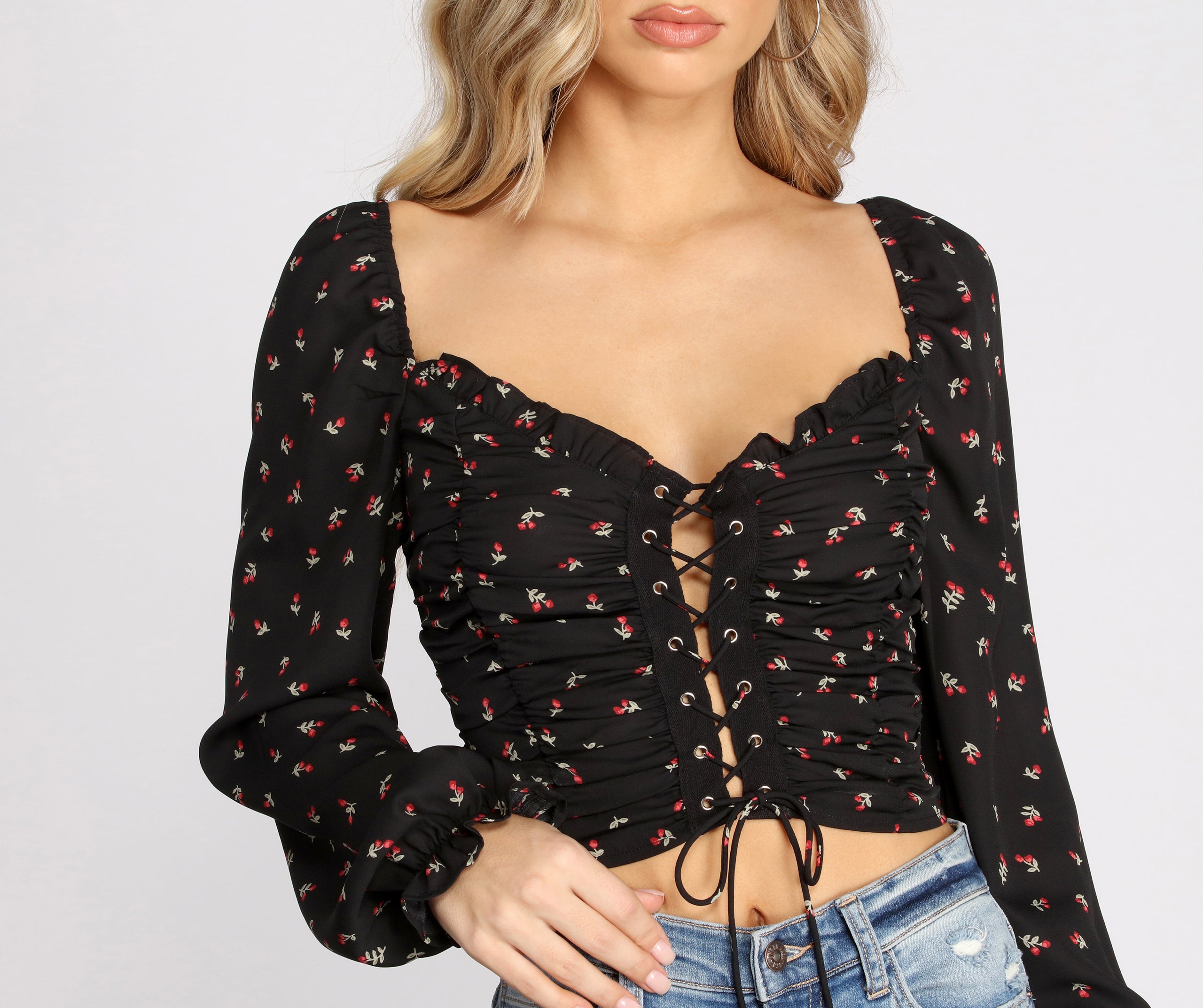 Lace Up Ditsy Floral Crop Top