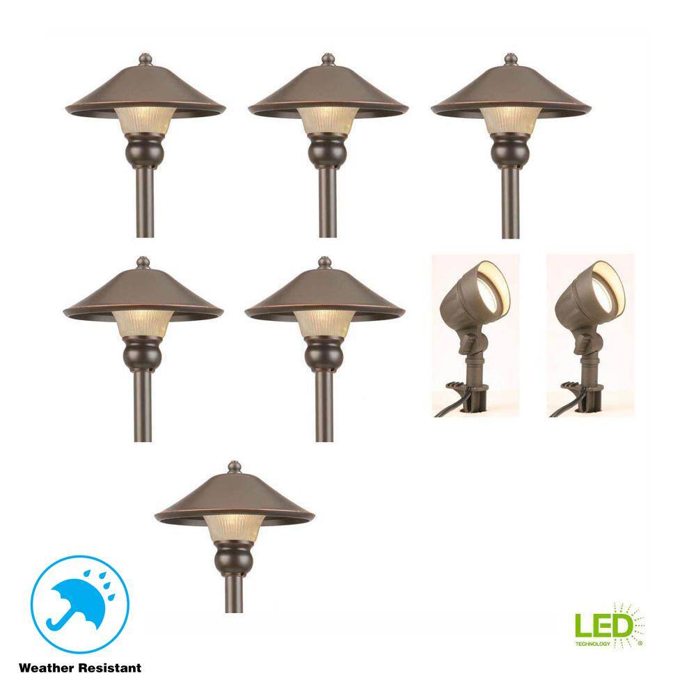 Hampton Bay Pearson Low-Voltage Bronze Outdoor Integrated LED Landscape Path Light and Flood Light Kit (8-Pack) IWV6628L