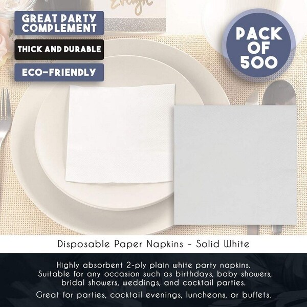 White Cocktail Napkins - 500-Pack Disposable Paper Napkins， 2-Ply， Plain White