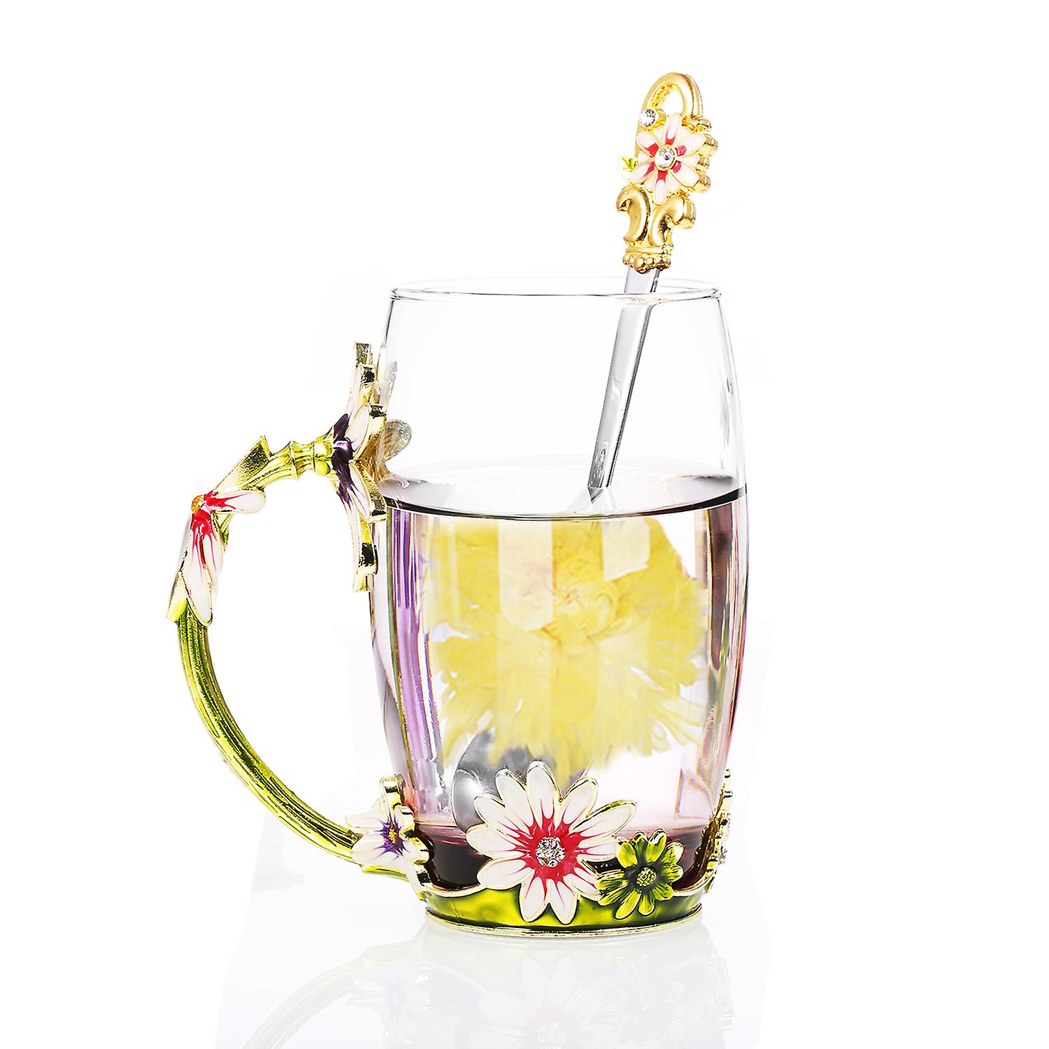 Green Chrysanthemum Enamel Craft Water Cup Drink Mug With Handle Design Tea Coffee Cup With Spoon Cleaning Cloth Set 350ml