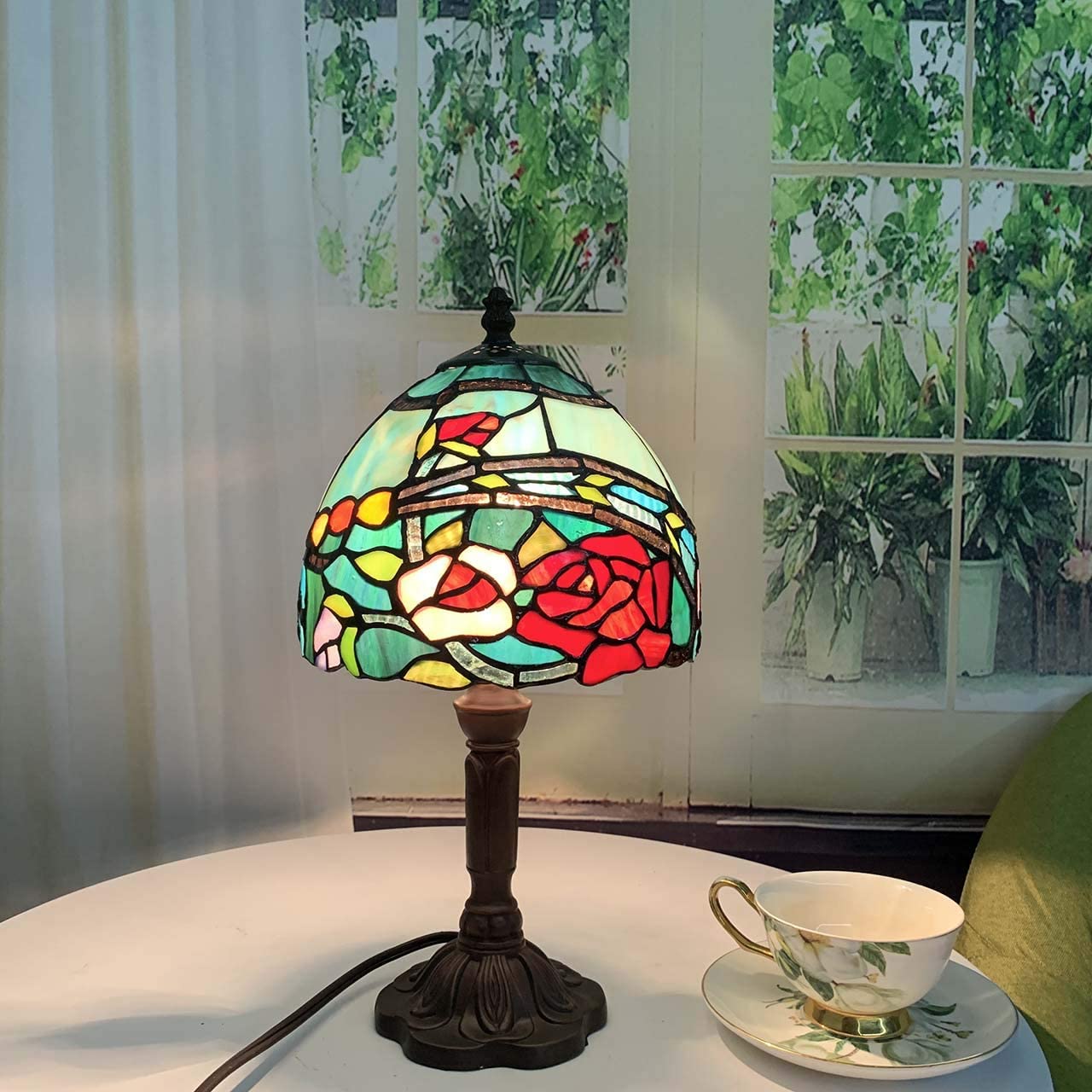 SHADY L10736 Rose Flower Tiffany Style Stained Glass Table Lamp with 8-inch Wide Lampshade  15-inch Tall  Red