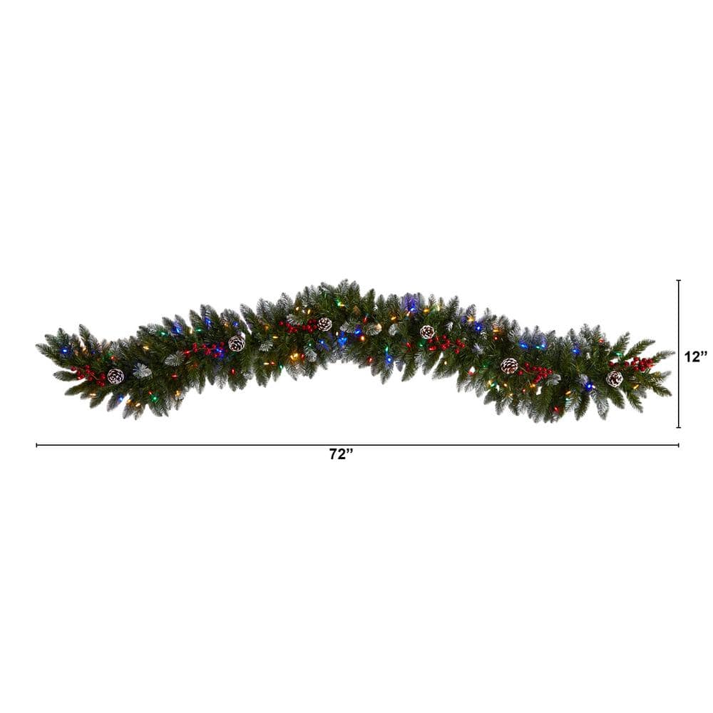 6 ft. Pre-Lit LED Snow Tipped Extra-Wide Artificial Christmas Garland with Pinecones Berries and 100 Multi-Color Lights W1303