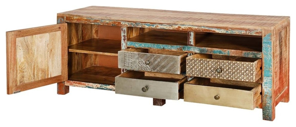 Rustic Patches Reclaimed Wood 59 quotTV Console Accent Media Cabinet   Farmhouse   Entertainment Centers And Tv Stands   by Sierra Living Concepts Inc  Houzz