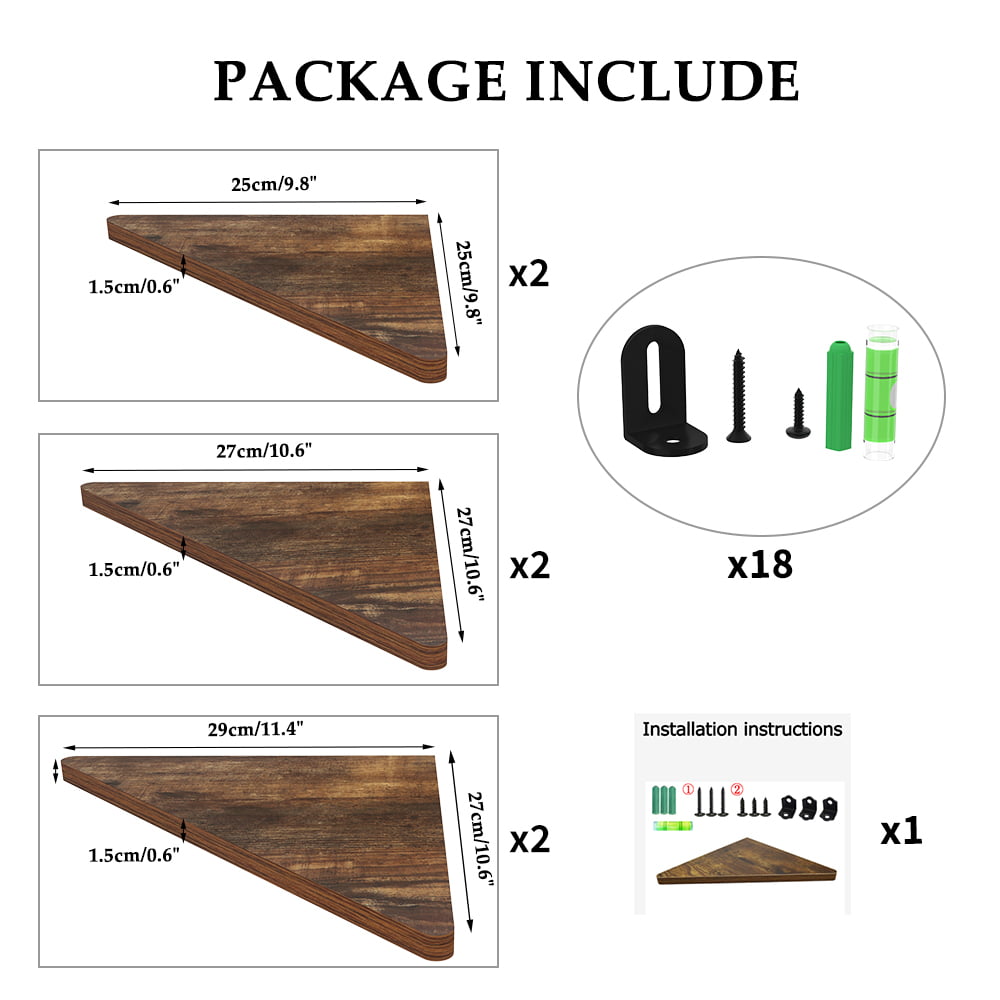 Triangular Corner Wall Shelf Set of 6, Multiple Size Rustic Floating Corner Shelves for Bedroom, Living Room, Brown