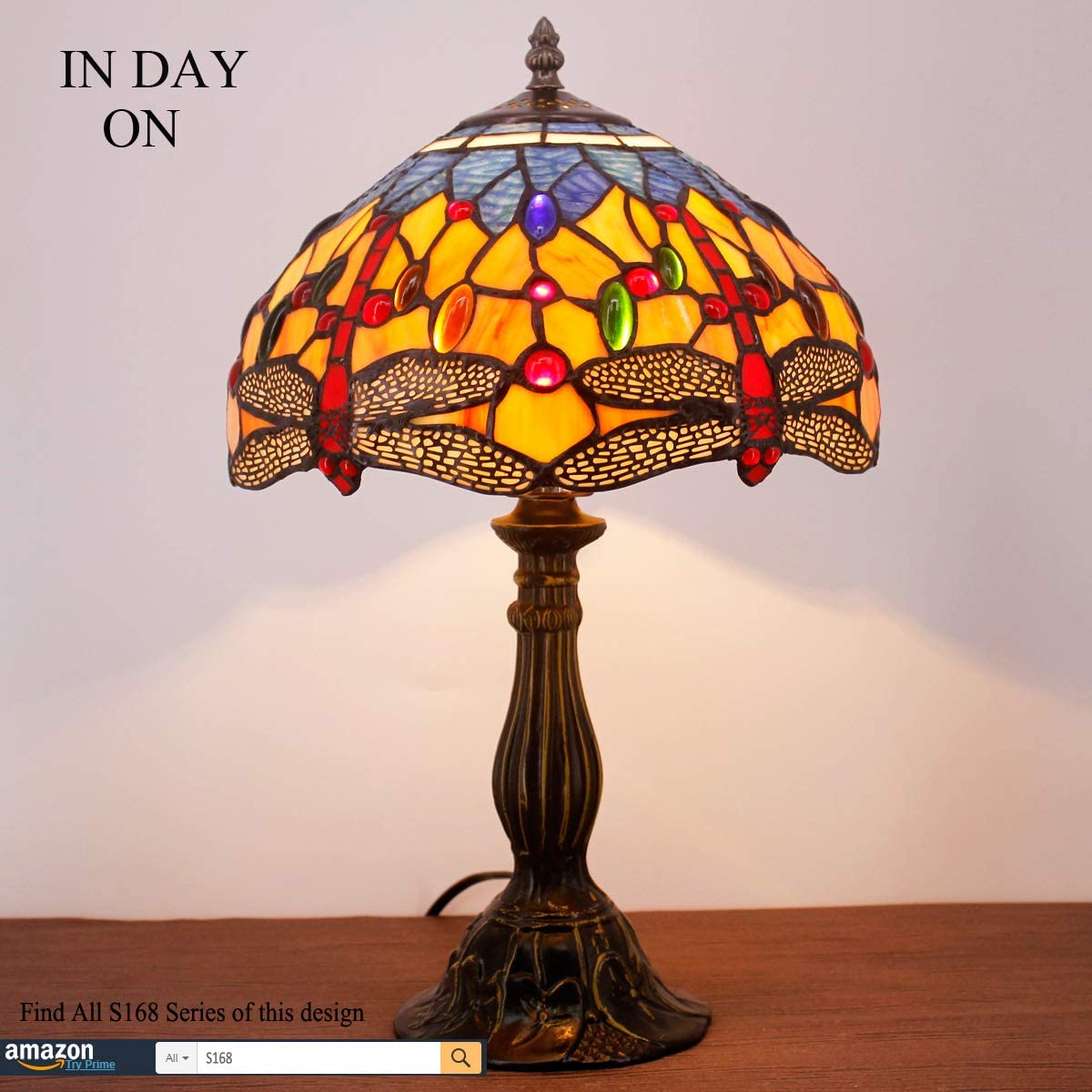 SHADY Tiffany Lamp Stained Glass Bedside Table Lamp Orange Blue Dragonfly Style Reading Desk Light 12X12X18 Inches Decor Bedroom Living Room Home Office S168 Series