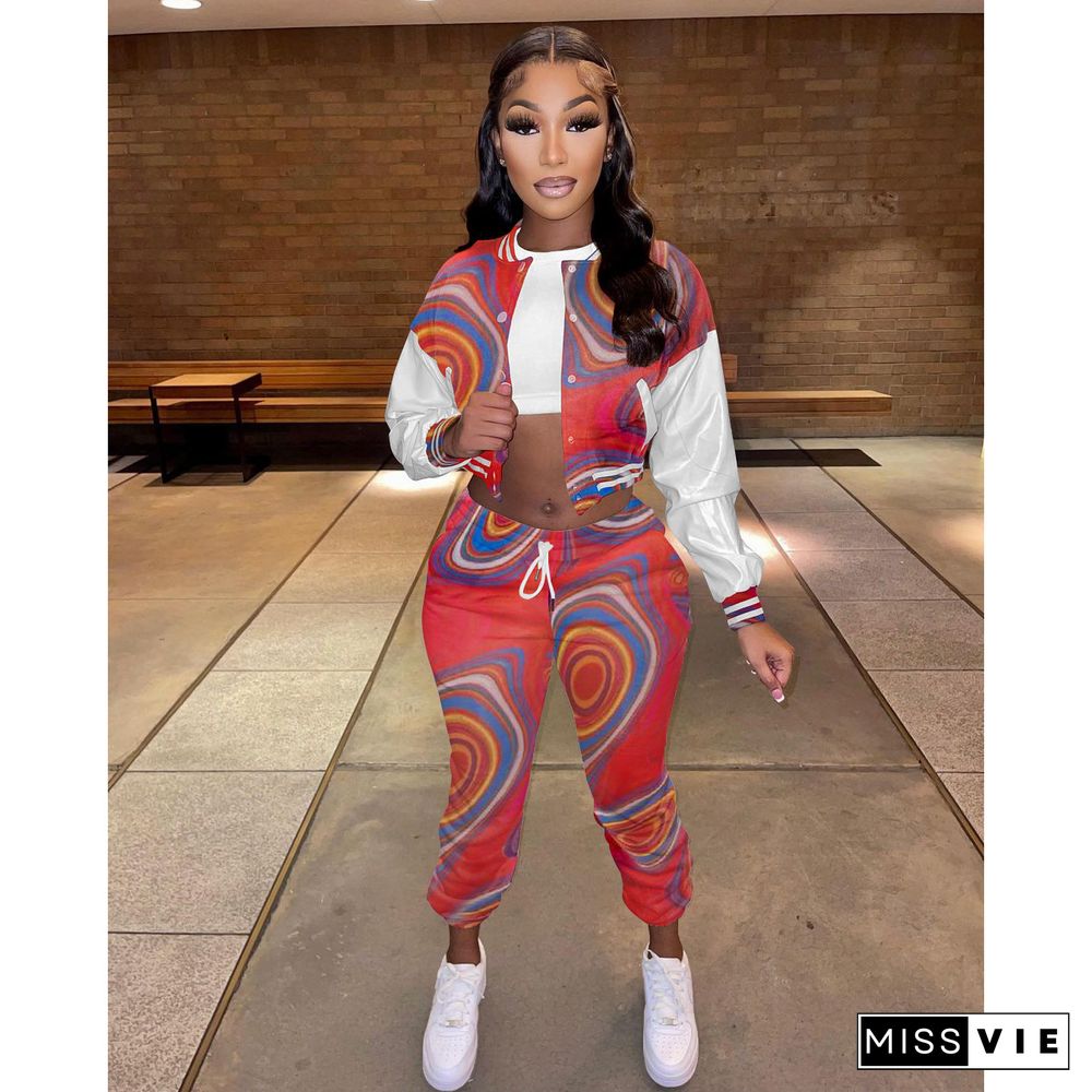 Abstract Print Baseball Jacket Sweatpants Two Piece Set