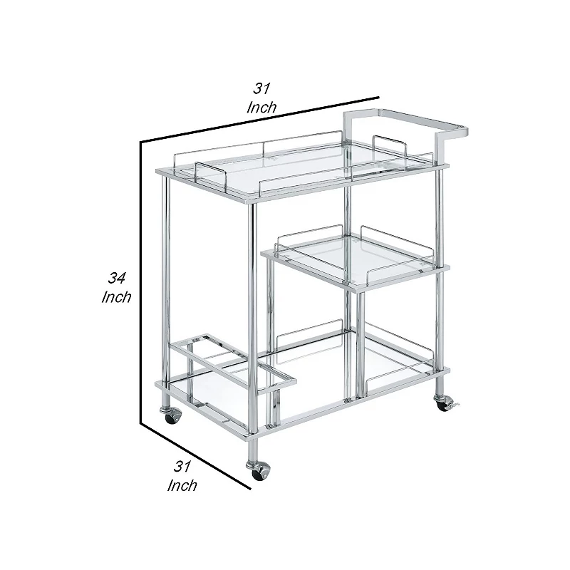 3 Tier Serving Cart with Glass Shelves and Metal Frame， Chrome