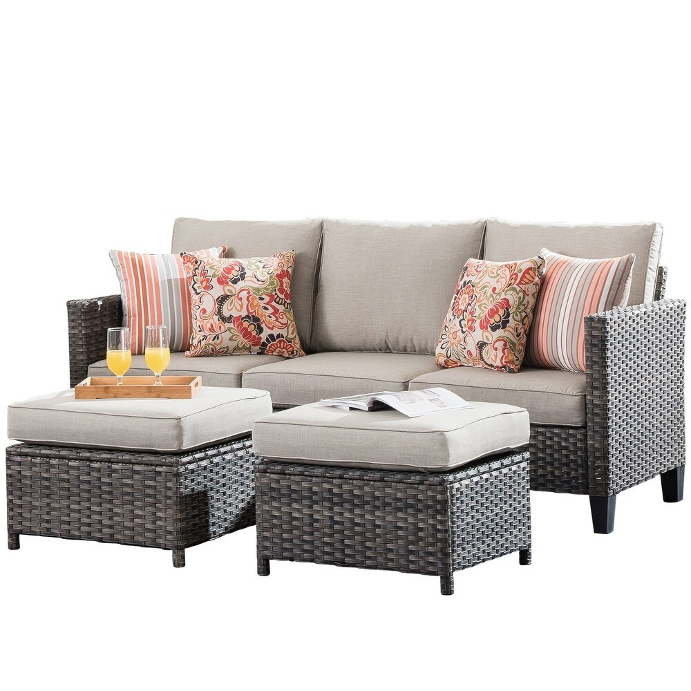 OVIOS 3 piece Outdoor High back Wicker Sectional Ottoman Set