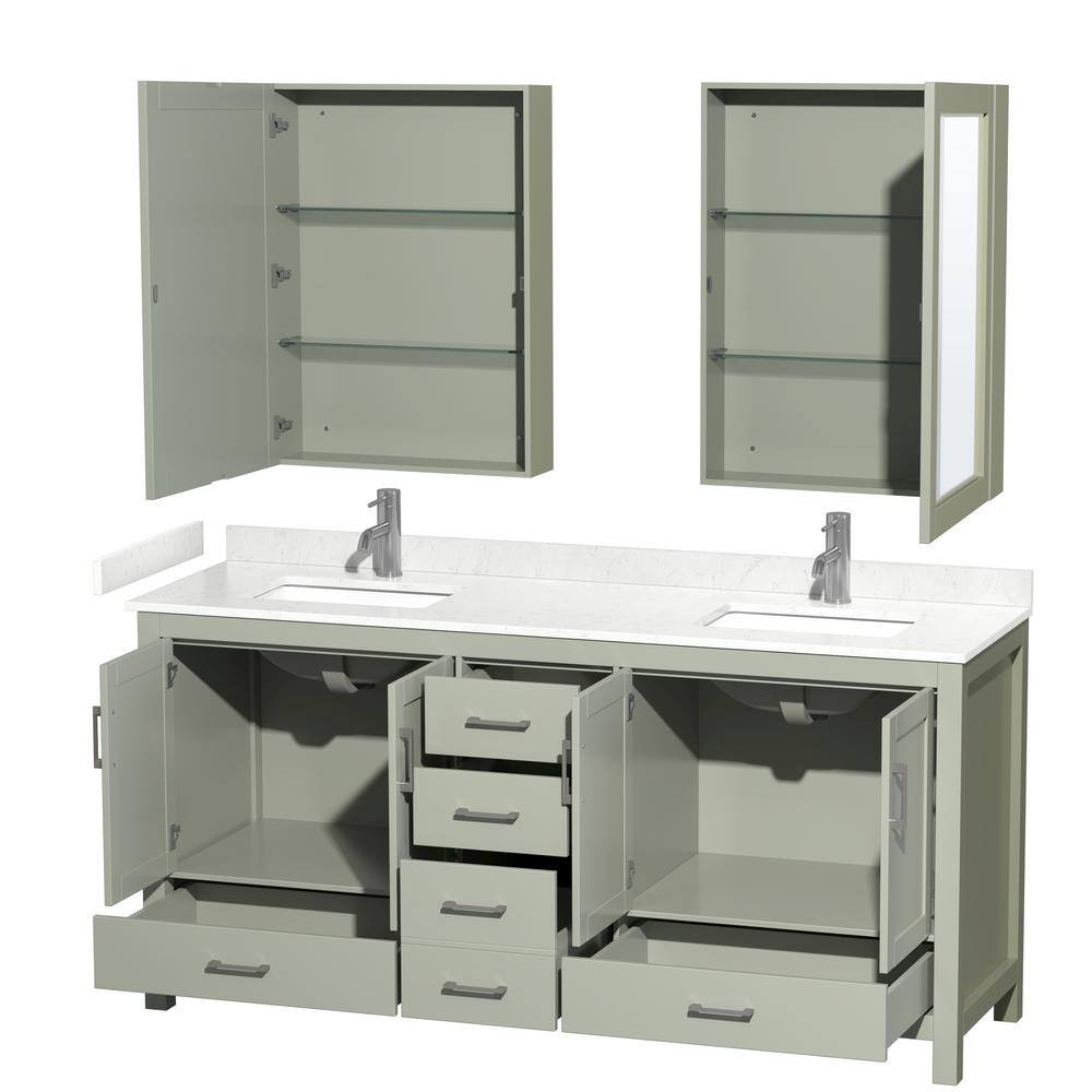 Wyndham Collection Sheffield 72 in. W x 22 in. D x 35 in. H Double Bath Vanity in Light Green with Carrara Cultured Marble Top  MC Mirrors WCS141472DLGC2UNSMED