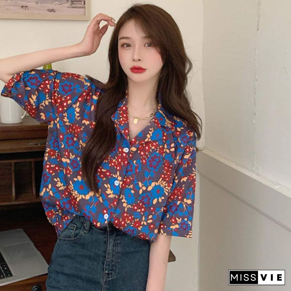 Vintage Floral Print Pocket Loose T-Shirt