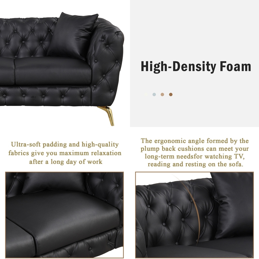 Black PU Button Tufted Upholstered Sofa Set with Pillows  3 Seater + Loveseat + Single Sofa