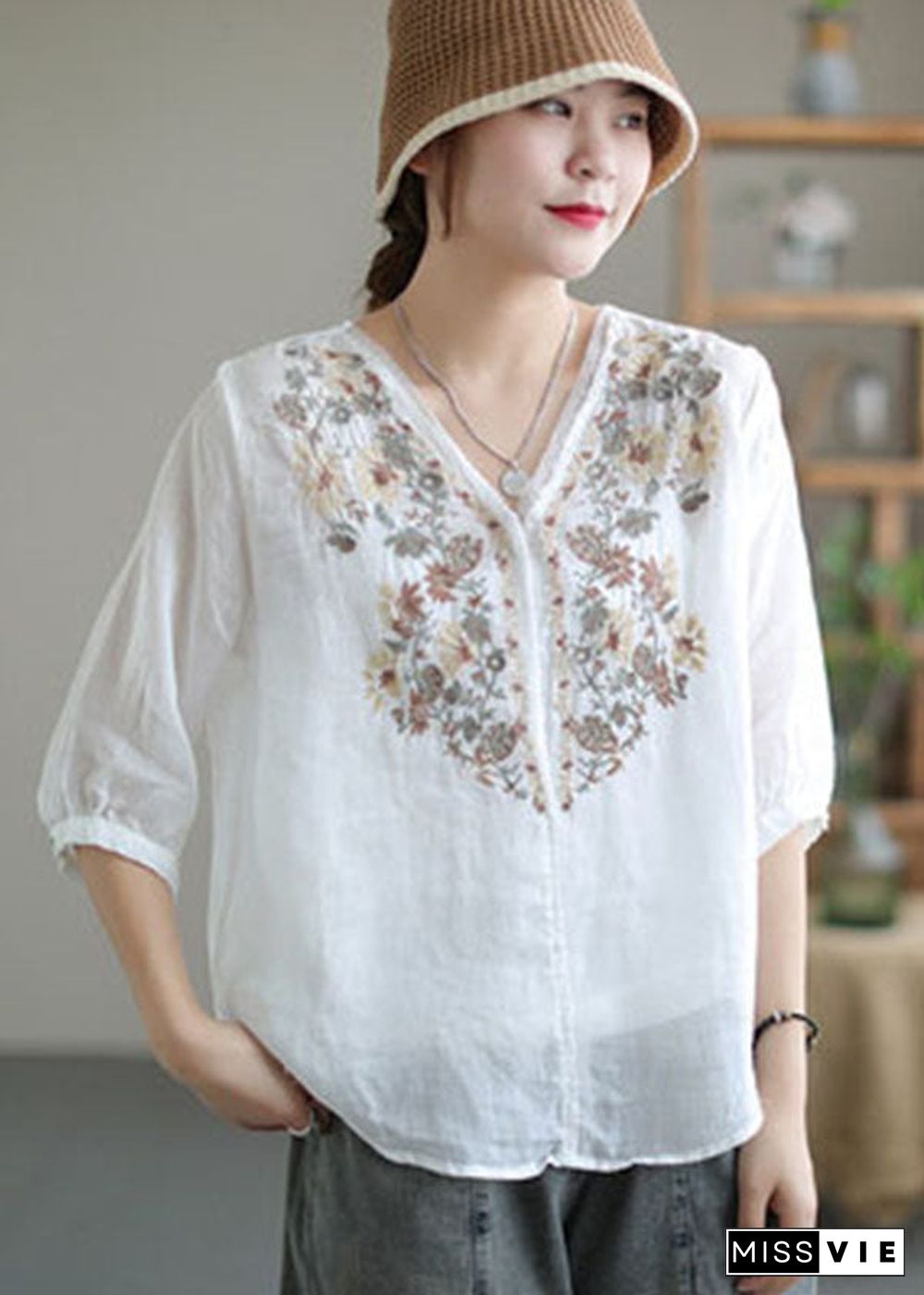 Women White V Neck Embroideried Linen Blouse Tops Half Sleeve