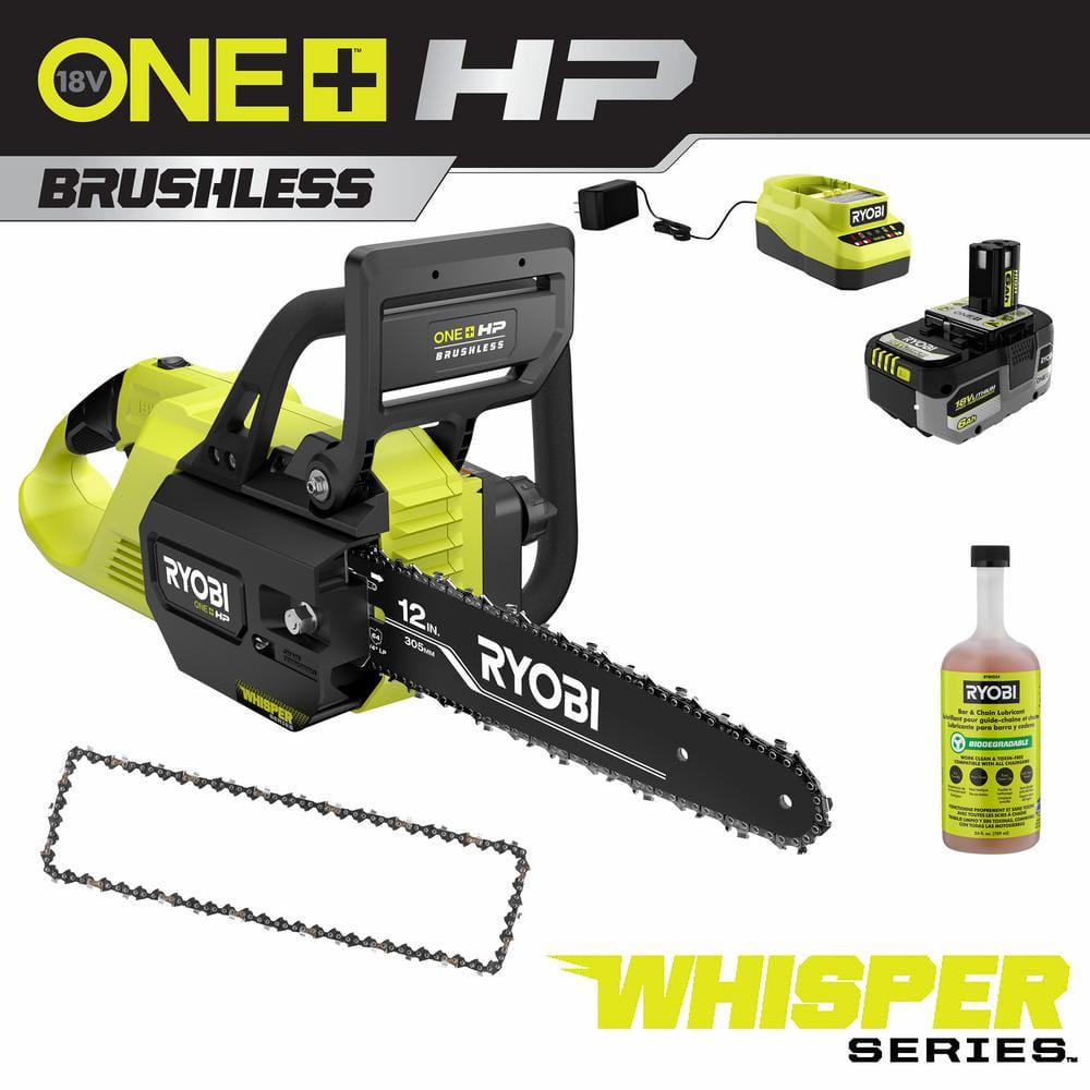 RYOBI ONE HP 18V Brushless Whisper Series 12 in Battery Chainsaw w Extra Chain Bar and Chain Oil 60 Ah Battery and Charger