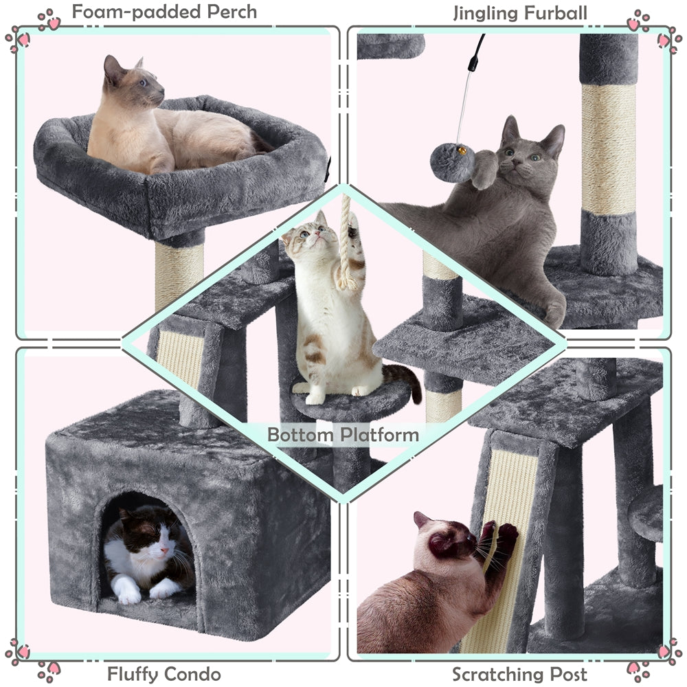 SMILE MART Multilevel Plush Cat Tree Activity Tower Play Center with Sisal Scratching Posts， Dark Gray