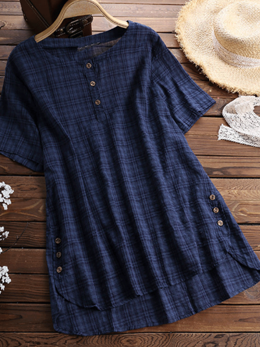 Round Neck Short Sleeve Button Blouse