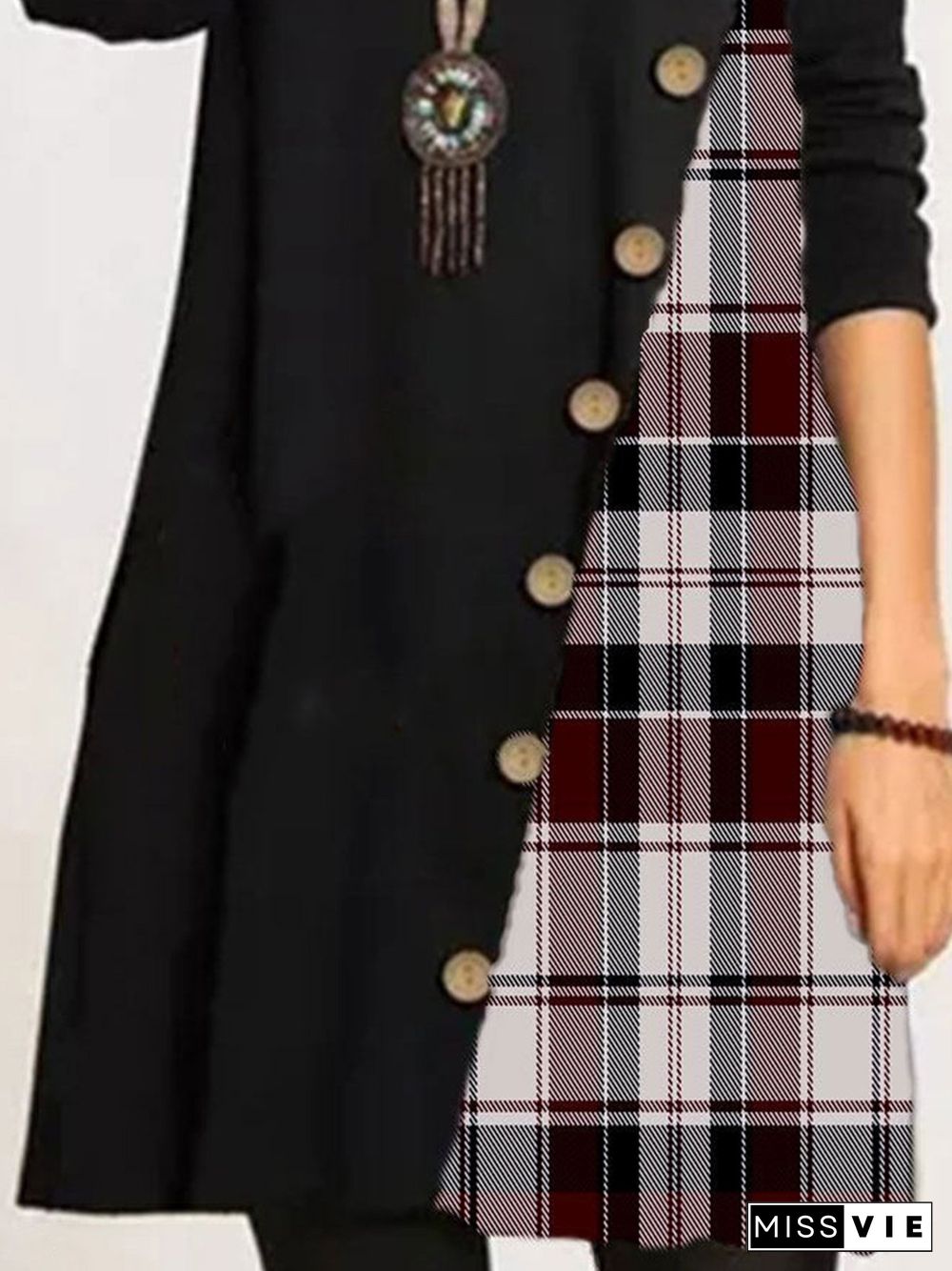 Checked/Plaid Printed Casual Round Neck Long Sleeve A-line Knitting Dress