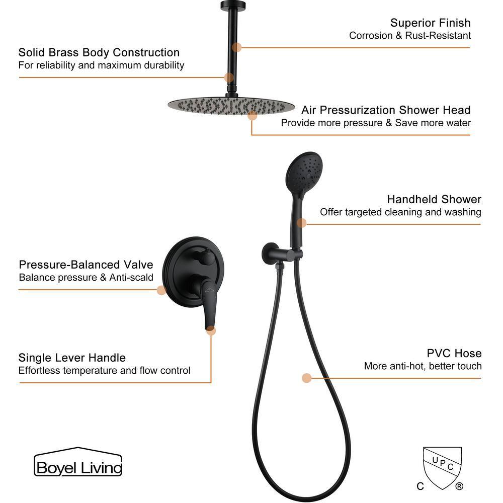 Boyel Living 5-Spray Patterns with 2.35 GPM 12 in. H Ceiling Mount Dual Shower Heads with Valve Included in Matte Black SMD-88041B-12