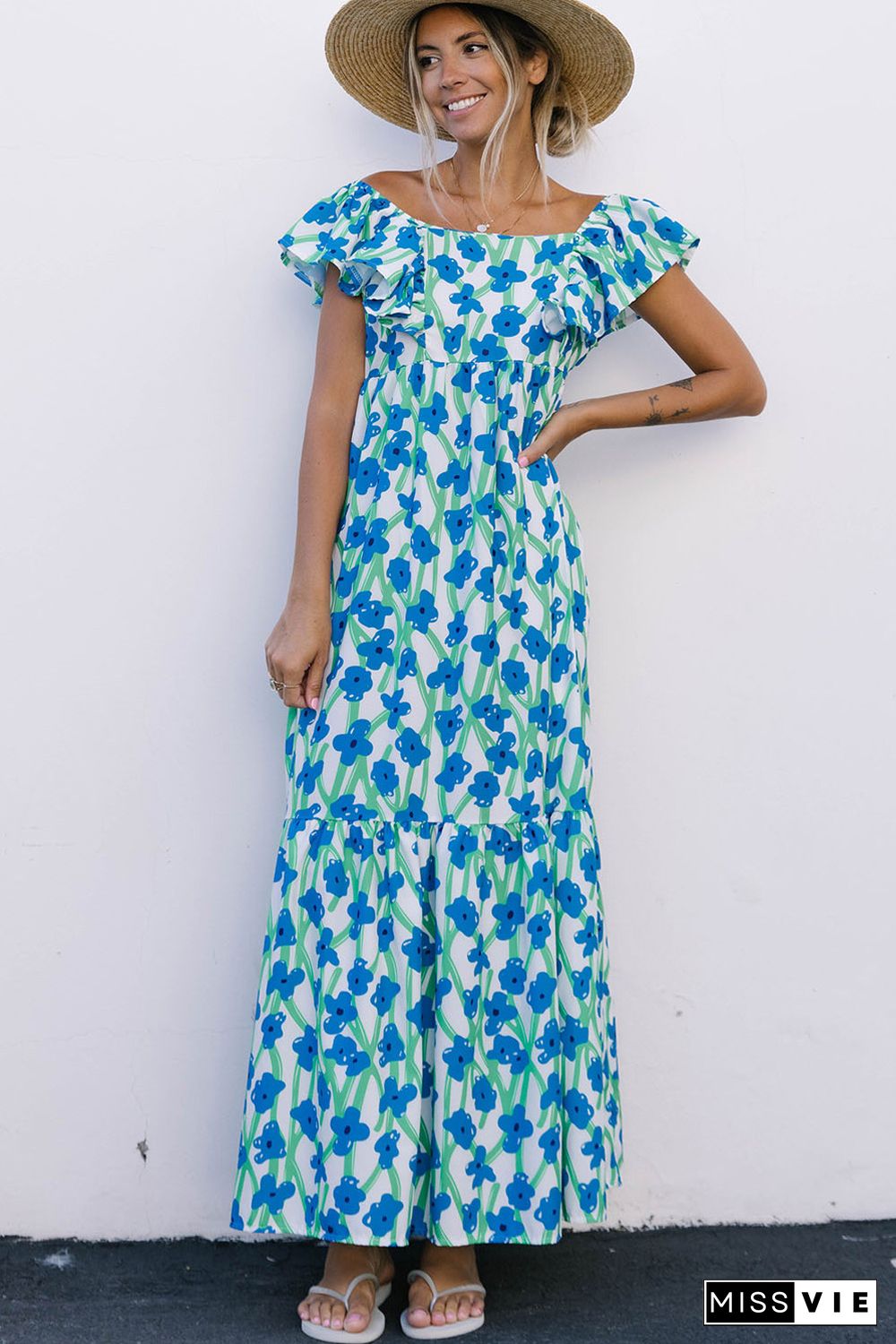 Sky Blue Boho Floral Print Maxi Dress