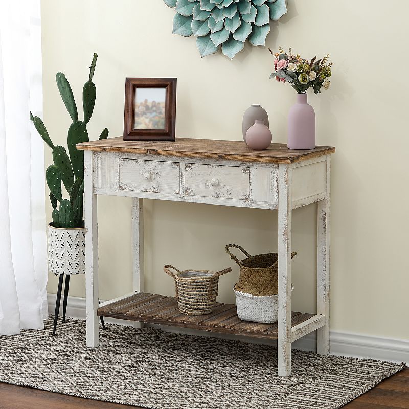 LuxenHome Distressed White And Wood 2-drawer 1-shelf Console And Entry Table