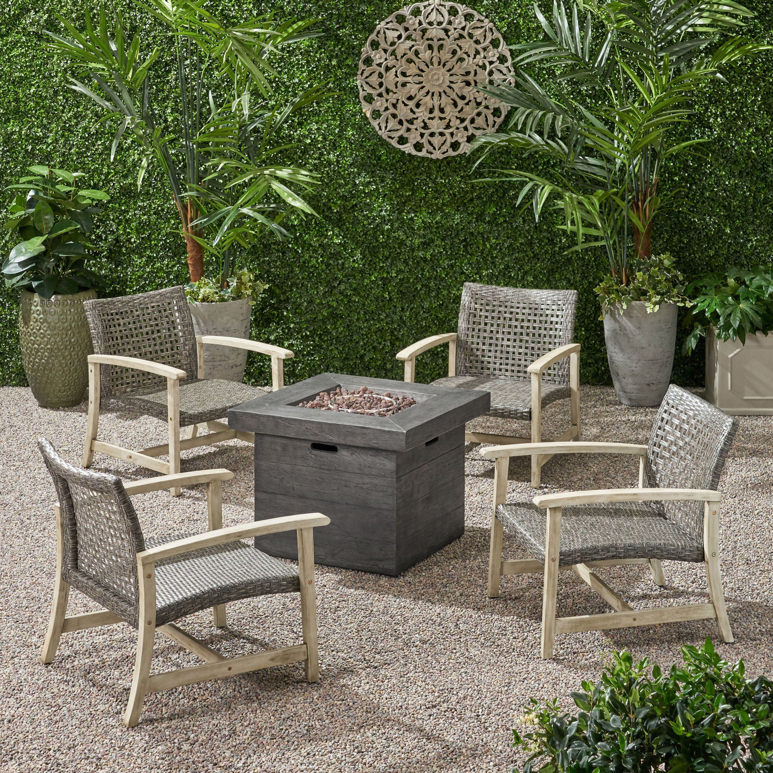 Eleanor Outdoor 5 Piece Wood and Wicker Club Chairs and Fire Pit Set