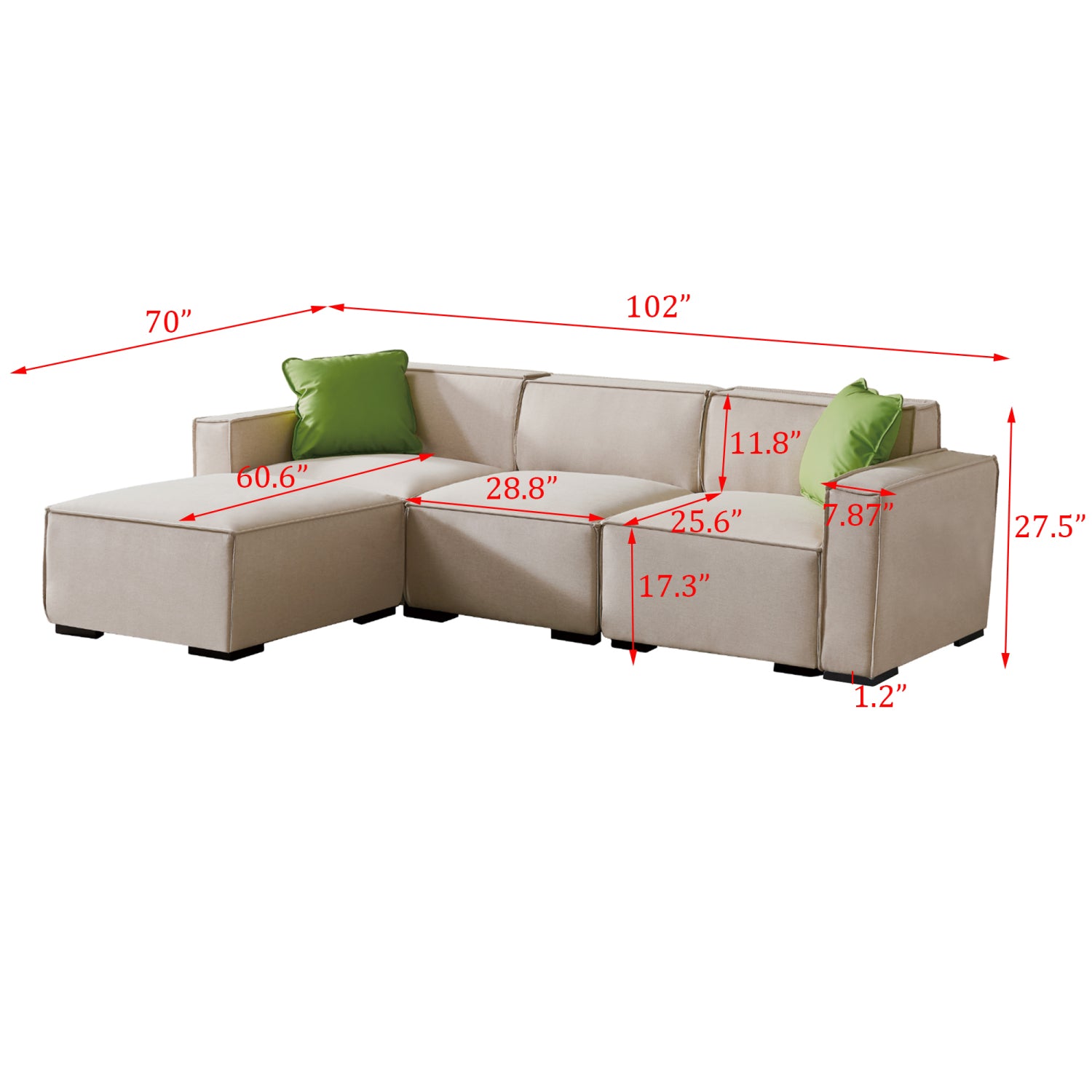 Holaki 4 Seat Modular L-Shape Sectional Fabric Sofa with Convertible Ottoman Chaise, Beige