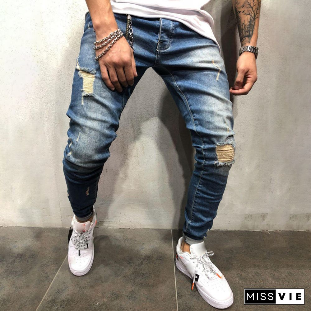 Men's Fashion Blue Tattered Jeans