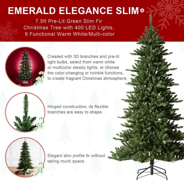 Glitzhome 7.5ft PreLit Green Slim Fir Christmas Tree with 400 LED Lights