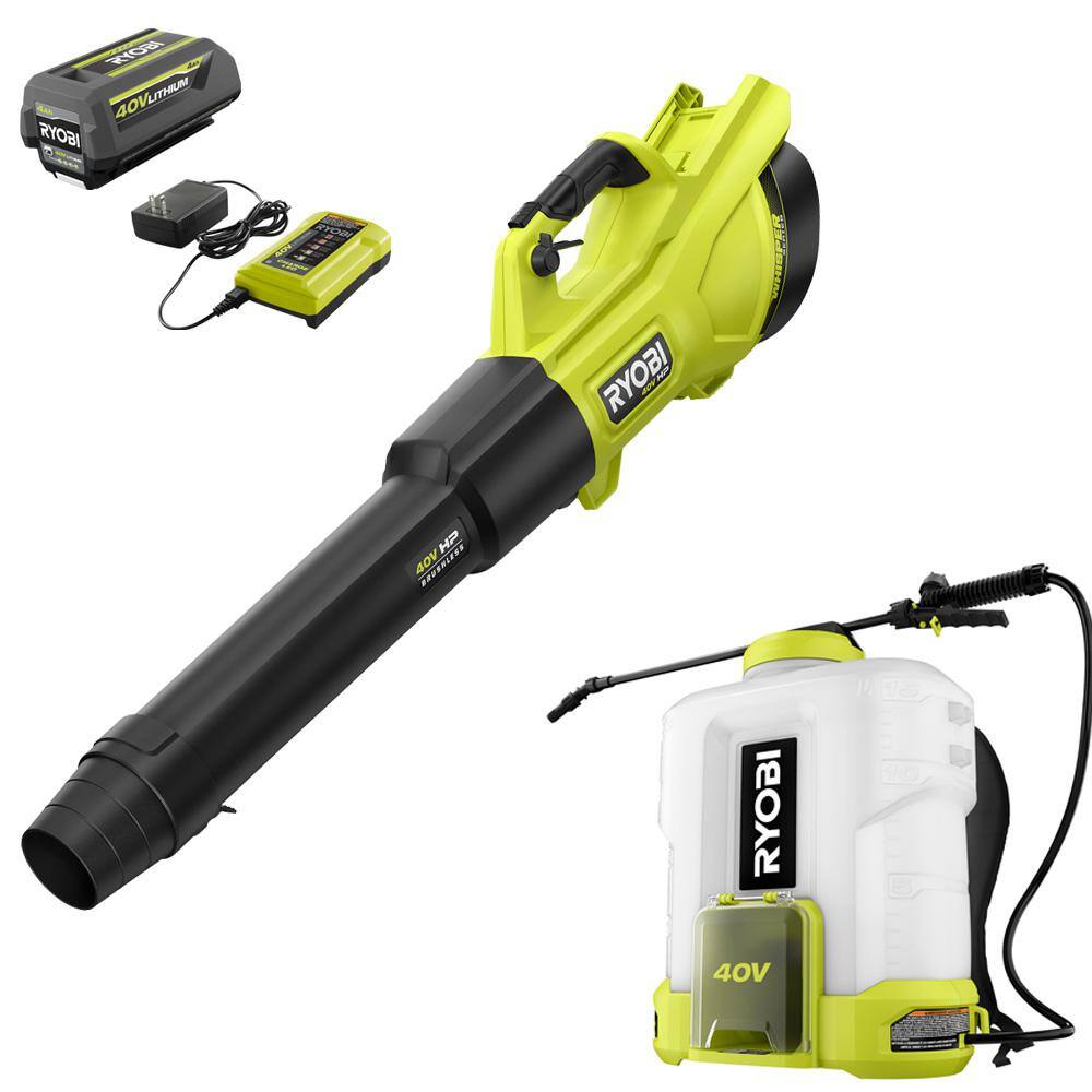 RYOBI 40V HP Whisper Series 155 MPH 600 CFM Cordless Leaf Blower and 4 Gal. Backpack Sprayer with 4.0 Ah Battery and Charger RY404130-SPR